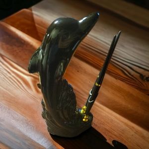 Vtg DLX Dolphin Black Porcelain Desk Double 2 Pen Holder